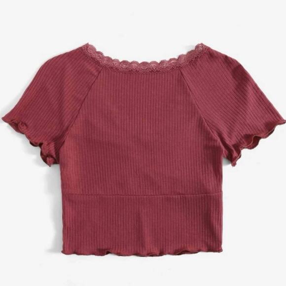 Lace Trim Raglan Sleeve Ruched Rib-knit Crop Tee - Picture 5 of 6